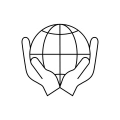 Globe icon in human hands vector illustration isolated on white background. Voluntary, charity, donation icon.