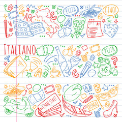 Italian language learning. Vector pattern with icons and national symbols of Italy.