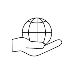 Globe icon in human hands vector illustration isolated on white background. Voluntary, charity, donation icon.