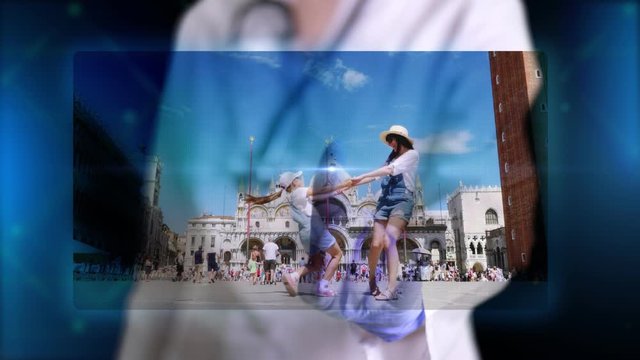 Doctor presents hologram image of family having fun in Venice. Doctor makes freeze frame, puts stamp - stop travel. Prohibitions during coronavirus epidemic,