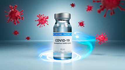 Eine Ampulle mit Impfstoff für Covid-19 mit Viren im Hintergrund