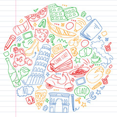 Italian language learning. Vector pattern with icons and national symbols of Italy.