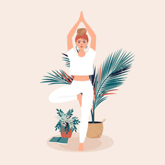 Vector illustration of blonde woman is standing in a tree pose from yoga  surrounded by pots of tropical plants