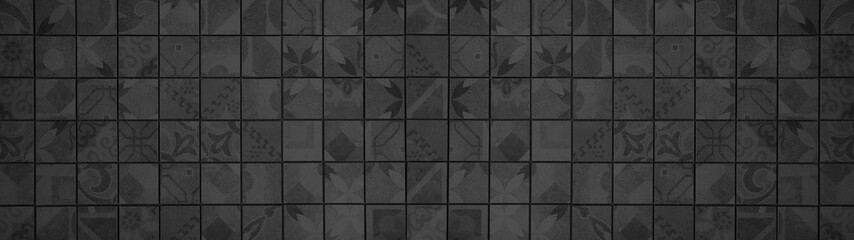 Black anthracite dark vintage retro geometric square mosaic motif cement concrete tiles texture background banner panorama 