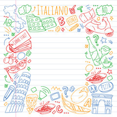 Italian language learning. Vector pattern with icons and national symbols of Italy.