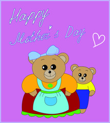 Happy Mothers Day gift card with two teddy bears, pink background. Cute cartoon greeting postcard.