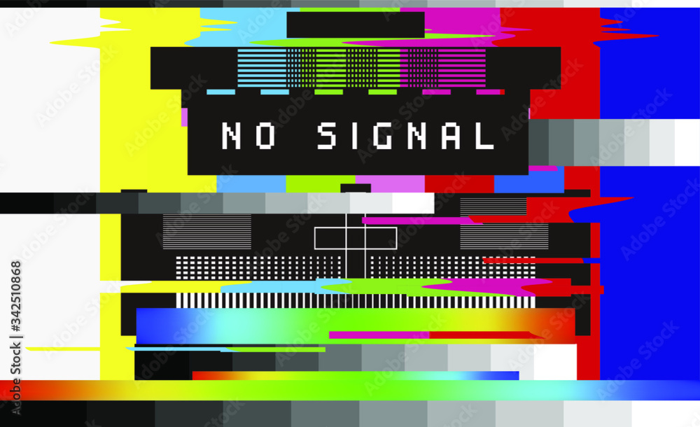 Poster no signal tv retro television test pattern with color rgb bars and vhs glitch effect. vaporwave and 