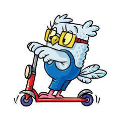 Owl. Little funny bird on the scooter