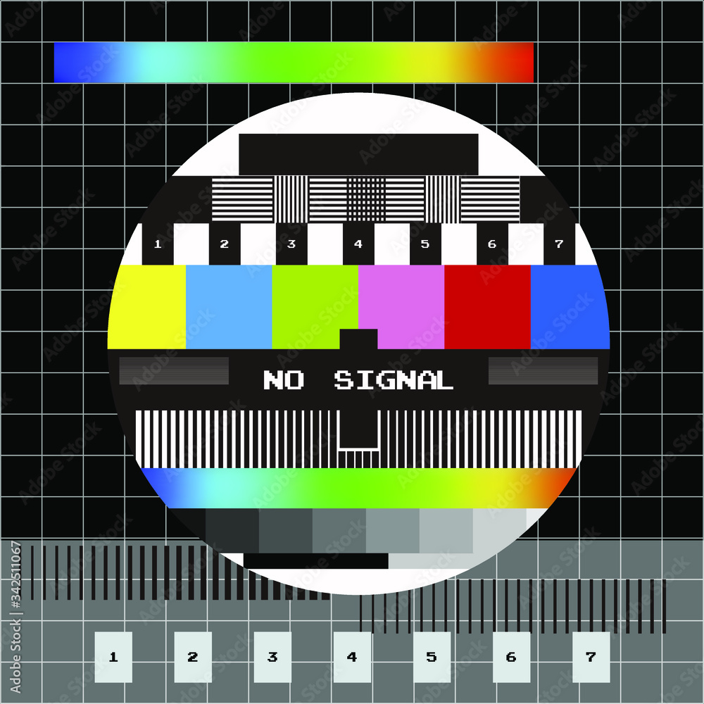 Poster no signal tv retro television test pattern with color rgb bars and vhs glitch effect. vaporwave and 