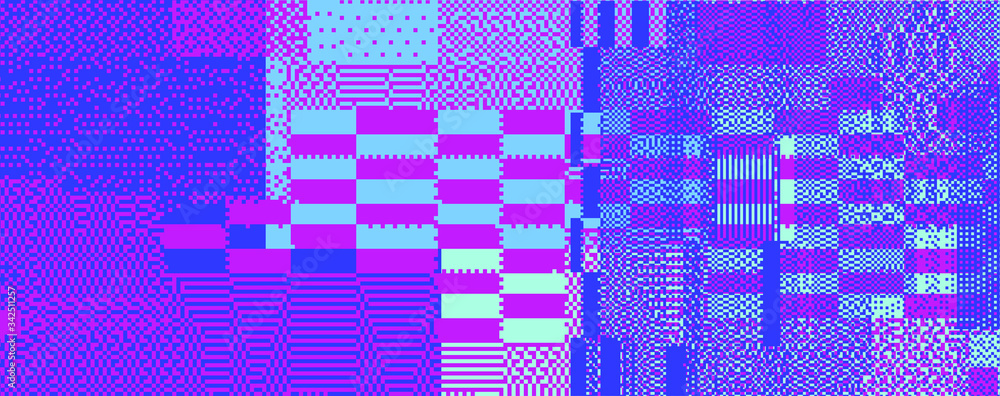 Poster Abstract technology background with random pixel noise. Vaporwave retrofuturistic style illustration.