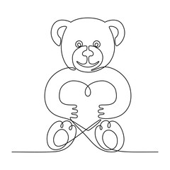 Continuous line drawing. Bear with heart. Black isolated on white background. Hand drawn vector illustration. 