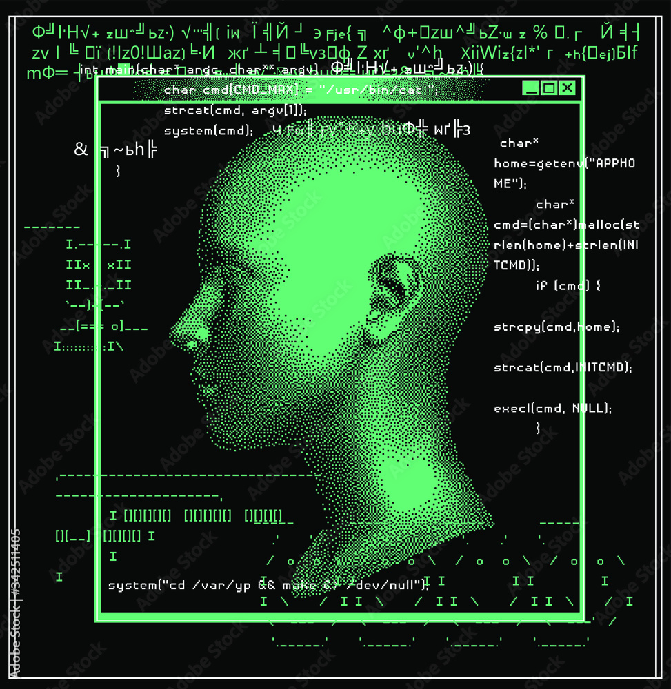 Poster Silhouette of a human head. Conceptual image of AI (artificial intelligence), VR (virtual reality), Deep Learning  and Face recognition systems. Cyberpunk style vector illustration.