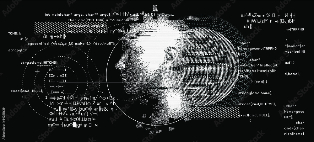 Aufkleber Silhouette of a human head. Conceptual image of AI (artificial intelligence), VR (virtual reality), Deep Learning  and Face recognition systems. Cyberpunk style vector illustration.