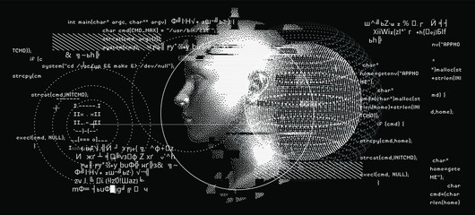 Silhouette of a human head. Conceptual image of AI (artificial intelligence), VR (virtual reality), Deep Learning  and Face recognition systems. Cyberpunk style vector illustration.