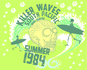 skeleton surfer print and embroidery graphic design vector art