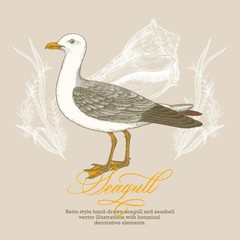 Retro style hand-drawn seagull and seashell vector illustration with botanical decorative elements.
