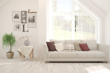 White living room with sofa. Scandinavian interior design. 3D illustration