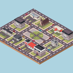 Isometric Vector Illustration Representing Town Center with City Square and Government Buildings Surrounded by Roads and Cars in a Town