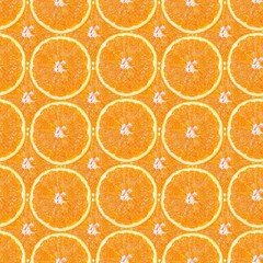 Seamless pattern of juicy slices of orange in the form of tiles. Design for packaging and...