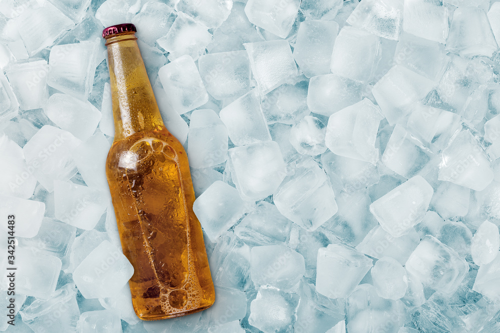 Wall mural bottle of cold beer in ice cubes