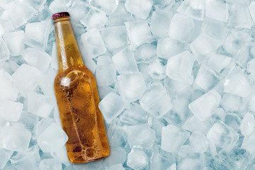 Bottle of cold beer in ice cubes