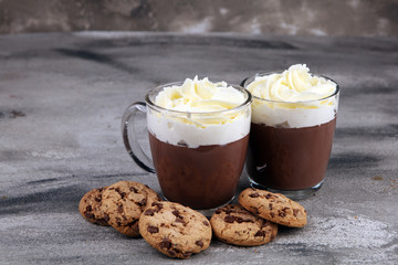 hot chocolate with cocoa and chocolate chip cookies and whipped cream