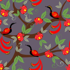 Vector floral seamless pattern. Elegant ornament with fantasy red flowers, phoenix birds on tree. Traditional folk style painting. Hand drawn background. Repeat design for textile, tileable print