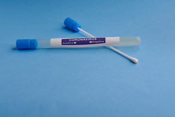 Corona virus vaccine for injection in sealed vials. Vaccine injection in sealed bottles and medical disposable plastic syringe against a blue background.