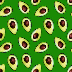 Seamless pattern with sliced avocado on green. Food pattern, painted manually for wallpaper, background, fabric, textile, cafe, restaurant, exotic