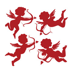 set of cute cupid silhouettes, sign isolated, vector