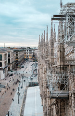 Side of the Cathedral and part of the Duomo square in Milan seen from its roof