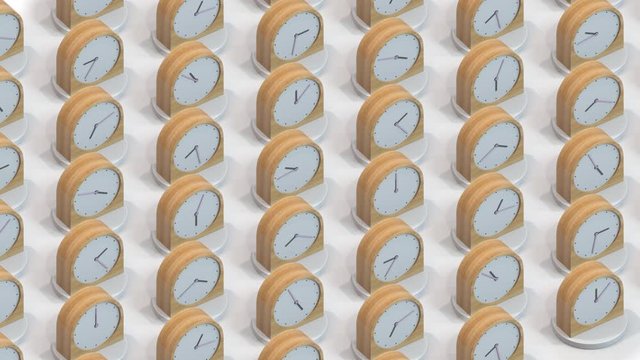 Many same wooden clocks showing different time. Loopable conceptual 3D animation