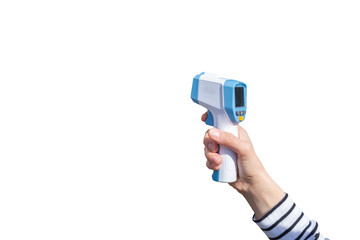 Woman hand holding infrared laser thermometer isolated on white
