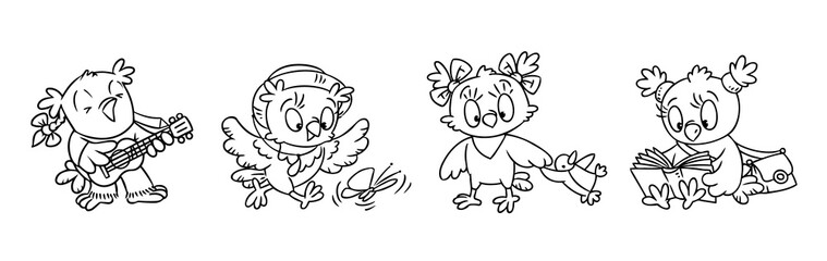 Owl. Funny little bird coloring book set