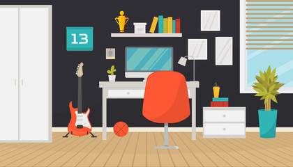 Modern teenager room interior or home office with trendy workspace. Computer, electric guitar and furniture. Wardrobe, houseplants, table and chair. Vector illustration in flat style.