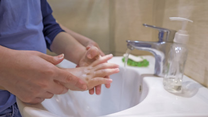 Mother Instructs Her Son How To Wash Careful His Hands