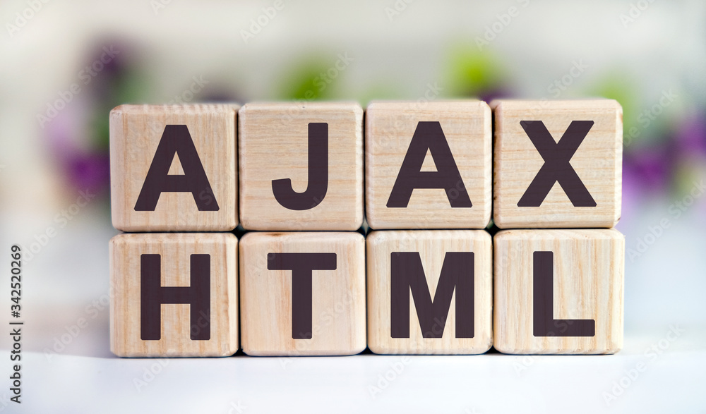 Poster ajax html - text on wooden cubes on a floral background with tulip buds