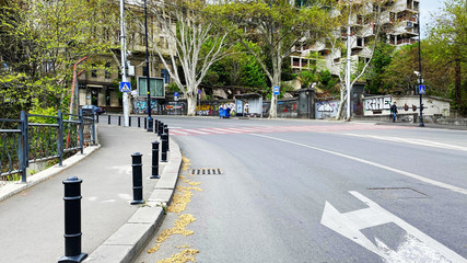 TBILISI, GEORGIA - APRIL 21, 2020: Empty Tbilisi, Street is normally gridlocked with shoppers and traffic.