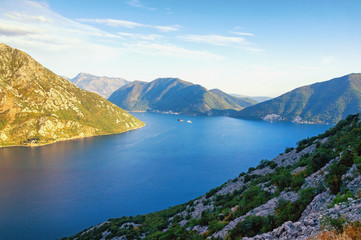 Beautiful Mediterranean landscape on sunny summer day. Montenegro. View of Bay of Kotor, Adriatic Sea