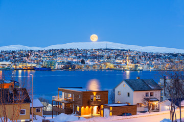 Tromso City At Full Moon In Winter Time, Christmas in Tromso, Norway © Ilgov