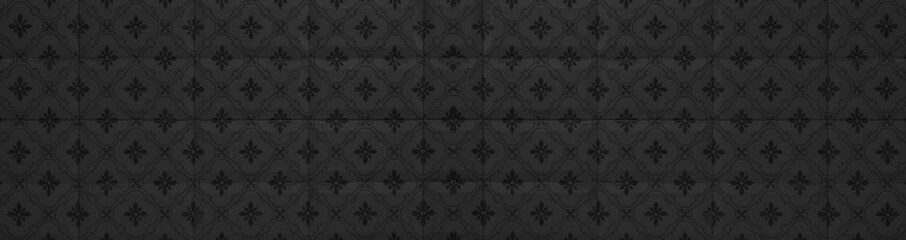 Black anthracite gray vintage retro geometric square mosaic motif cement tiles flower blossom print texture background banner panorama