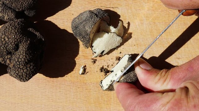 Black raw truffle, sliced with small slices on a wooden board full of mushrooms. The slow motion of a man who cuts truffles. Close up