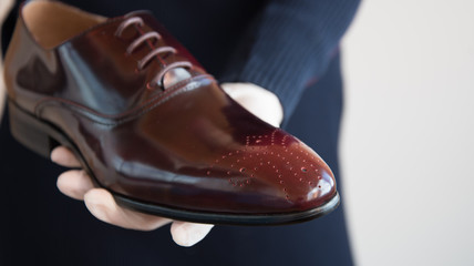 A gloved salesman offers shoes for fitting. Men's classic leather maroon shoes. Very expensive Executive shoes.