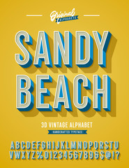 Sandy Beach. Vintage 3d Stylish Summer Alphabet. Retro Typeface with Good Vibes. Vector Illustration