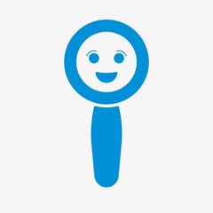 Funny childish search icon with cartoon face inside of a magnifying glass. Search symbol.