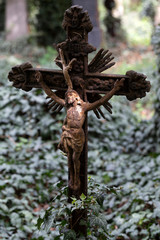 Historic Statue on the spring mystery old Prague Cemetery, Czech Republic