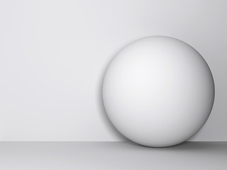 White gypsum sphere ball standing on the floor with white background wall. 3d illustration