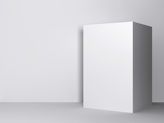 White parallelogram, cube standing on the floor with light background wall. 3d illustration