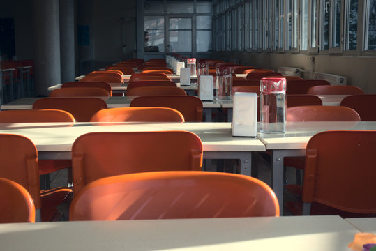Close up shot of empty seats of a cafeteria after the closing of schools