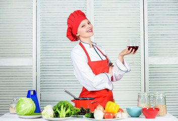 Housekeeping and culinary. Housewife prepare meal with wine. Housewife daily routine. Girl adorable...